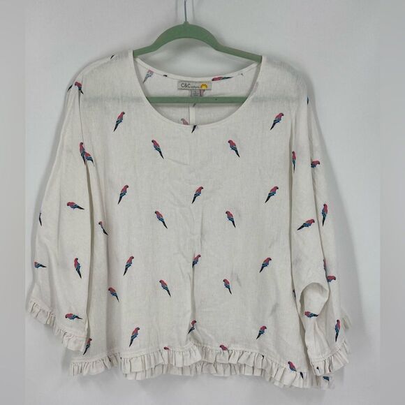 C&C California Cream Boxy Ruffled Linen Blend Parakeet Print Blouse size L - Picture 1 of 4